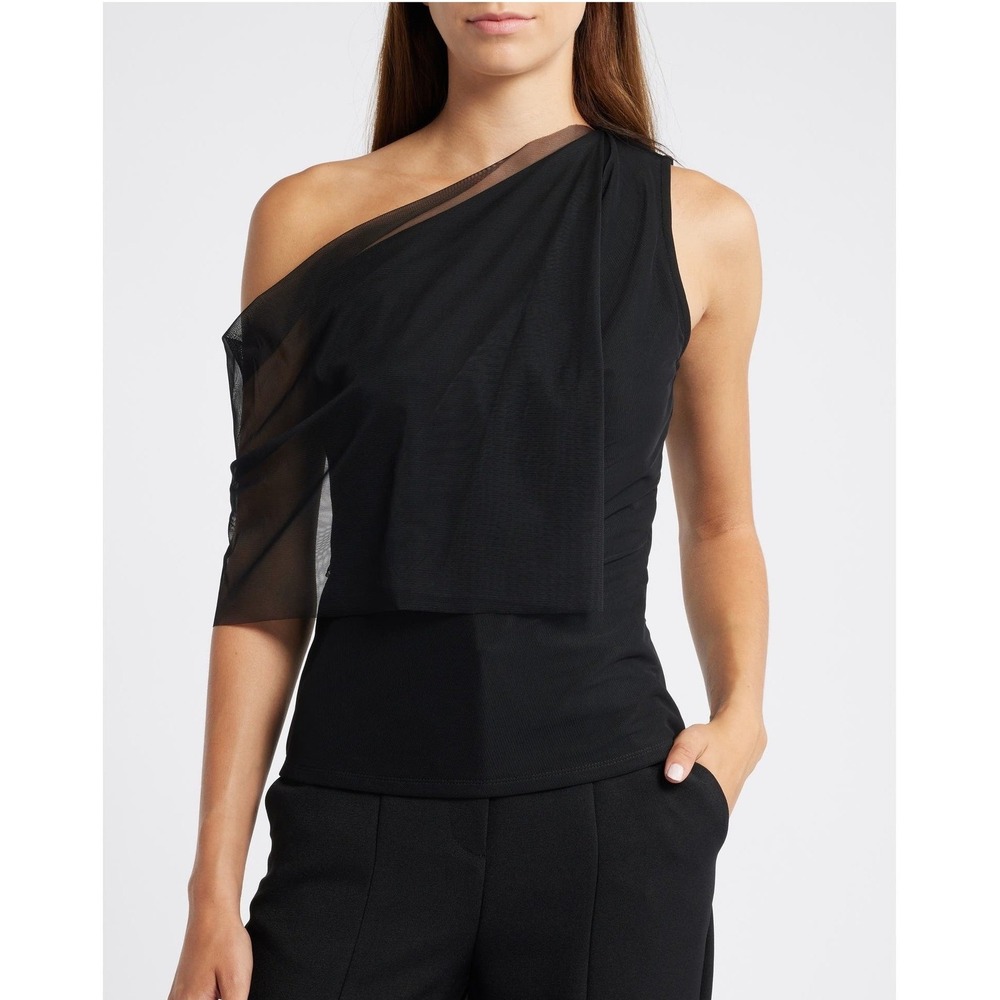 Marcella Asymmetrical One Shoulder Top S Black Mesh Overlay Ponte Knit Party